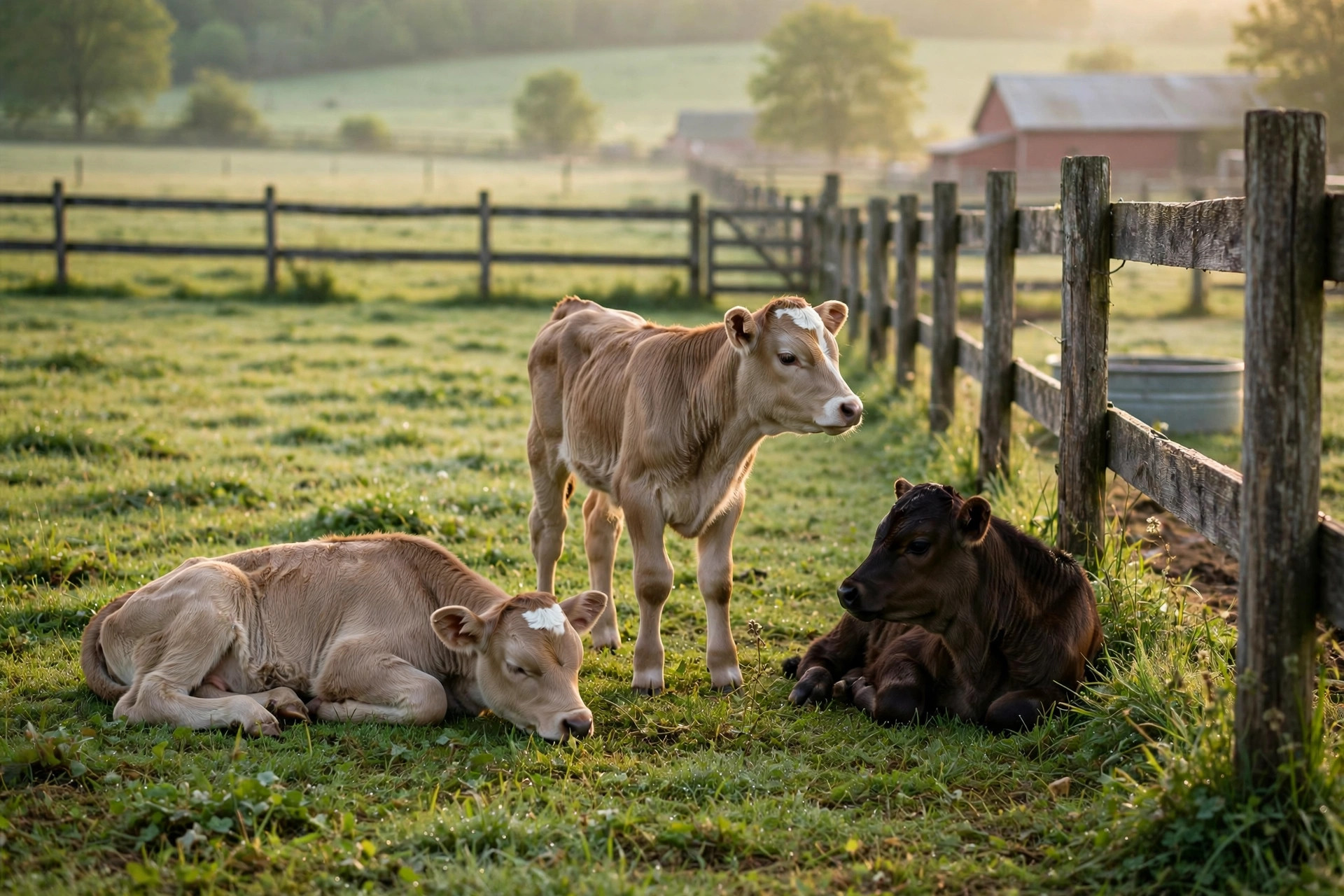 Young calves resting on green pasture at CattleFarm