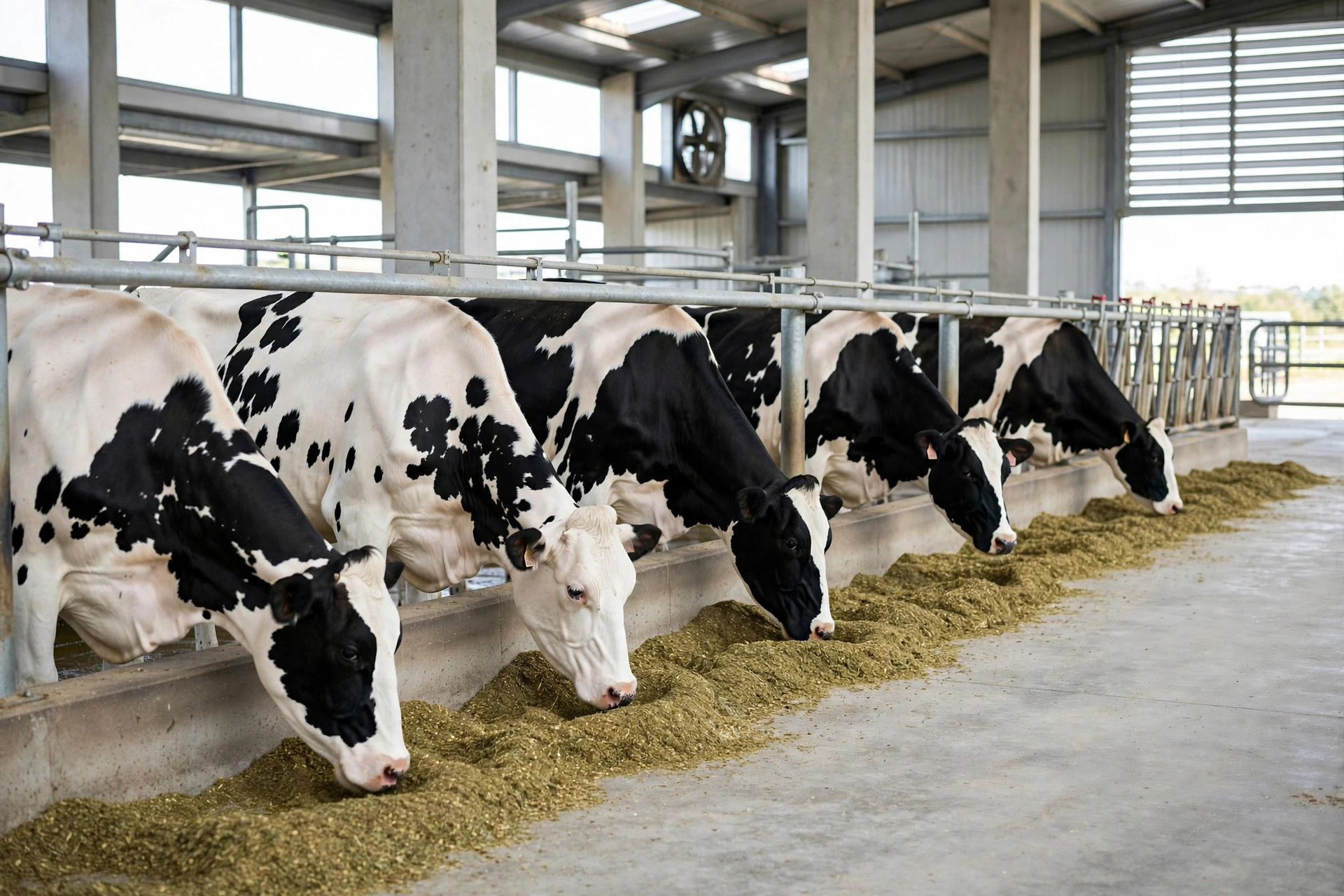 Dairy cows feeding in a clean modern barn